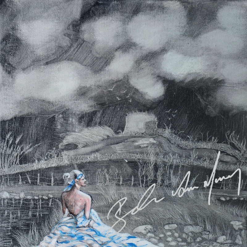 Pen, ink and oil painting of a Dark Sky with woman in foreground