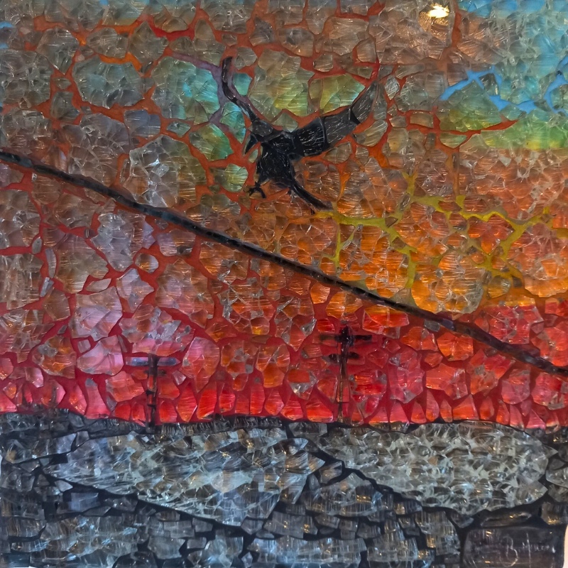 Glass Mosaic of an evening in Westport featuring a crow